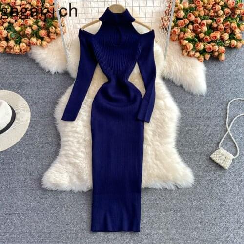 Gagarich Woman Chic Knitting Dresses 2021 Autumn New Ins Stand-up Collar Tight-fitting Hollow Out Hip Strapless Stretch Vestidos