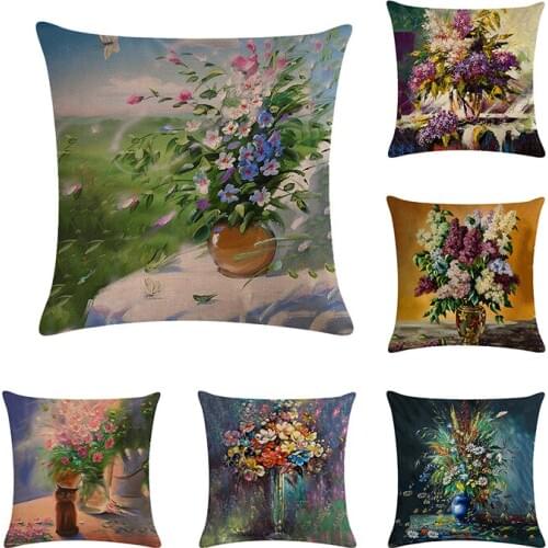Oil Painting Arrange Flowers ArtPillowcaseColorful Flower Cotton Linen Throw Pillow Case Home Office Decorate Cushion Cover