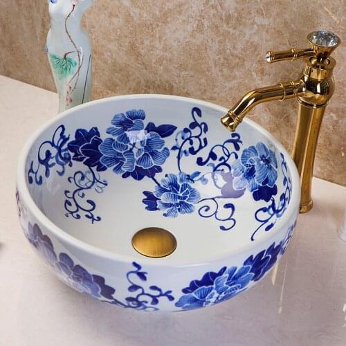 Green Lotus Painting China Artistic Handmade Ceramic Bathroom Sinks Lavobo Round Counter top ceramic sinks basin