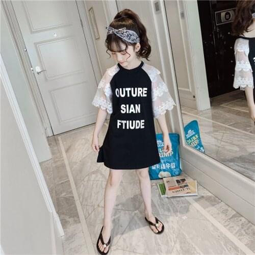 Summer Girls Dress New Arrival Korean Clothing Lace Half Sleeve Dress Kids Letter Print Dress Childrens Sportswear Long T shirt