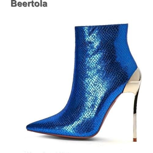 Fashion Women Short Boots Blue Party Shoes Women Autumn Boots 12Cm Gold High Heel Ankle Boots Zipper Pointed Toe Boots Snakeskin