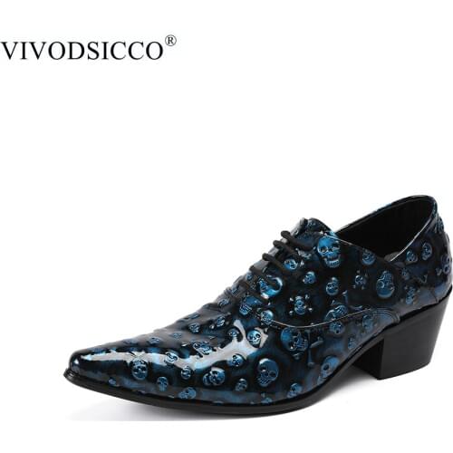VIVODSICCO New Skull Men Formal Shoes Pointed Toe Fashion Men Oxfords British Style High Heels Zapatos Hombre Male Footwear