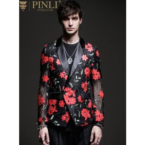 Free shipping new mens male 2020 Autumn unique black tide blazer spring nightclub jacquard hollow small suit jacket BY201106099
