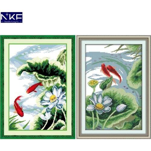 NKF White Lotus Carps Pattern Handmade Craft Needlework Chinese Cross Stitch Embroidery Kit Printed Cross Stitch for Home Decor