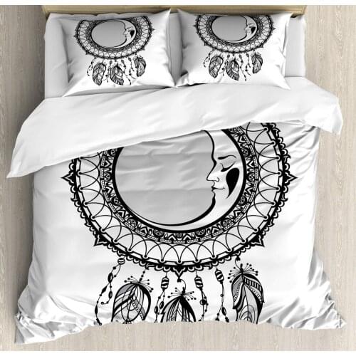 Magic Moon Duvet Cover Set Dreamcatcher with Crescent Ornament and Feathers 3 Piece Bedding Set Pale Taupe Dimgray Charcoal Grey