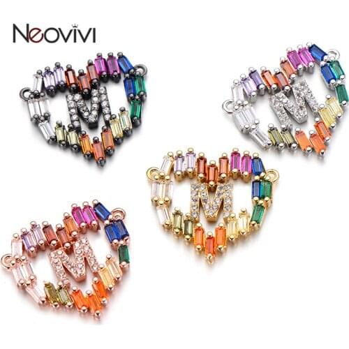 Neovivi Colorful Zircon Heart Charm for Necklace White CZ Letter M Bead for Jewelry Making Women Bracelet DIY Women Girl Gifts