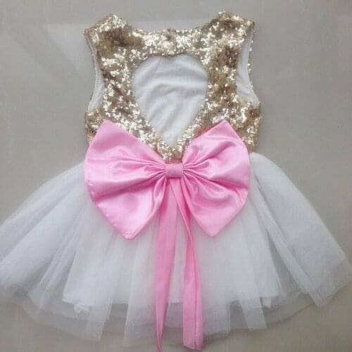 Wholesale 2colors Big Bows Waistline Heart Hollowing Children Girl Backless Dress Baby Gold Sequined Xmas Party Evening Vestido