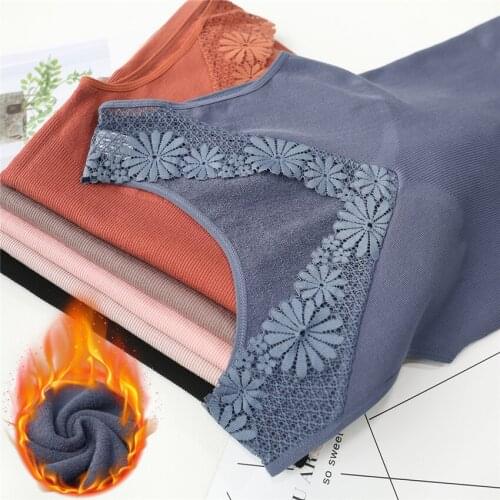 Autumn Winter Fashion Warm Big Size Women Cotton Vest Based Tops Female V-nenck Lace Vests Tank Sleeveless Tees Bottomings 1333