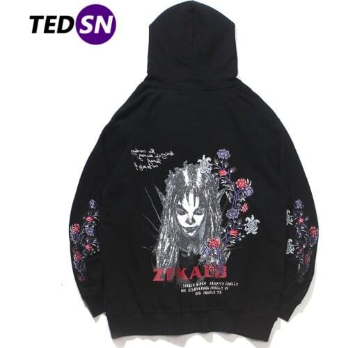 Autumn Cotton Pullover Embroidery Flower Freaky Harajuku Hoodie Hip Hop Streetwear Hoodie Men Loose Hooded Sweatshirt 2020 Black
