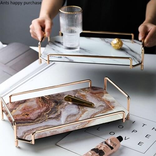 Nordic Marbling Storage Tray Glass Dessert Plate Rectangle Grocery Tea Set Organize Disk Metal Frame Handle Removable Tray