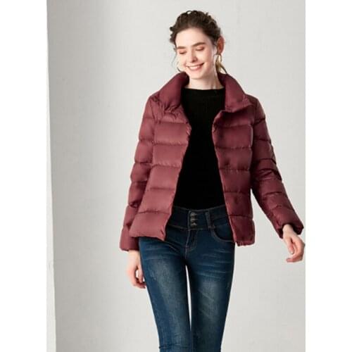 New creamy-white/navy Autumn Winter Women Down Jacket Stand Collar Short Slim Thin Light White Duck Down Outwear large size Coat