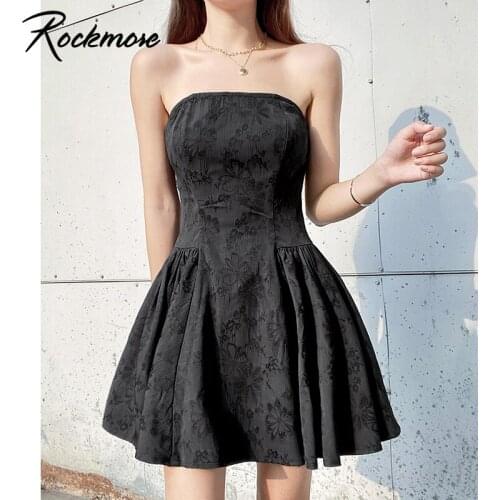 Rockmore Strapless Dress Evening Party Dresses Sexy Pleated Dress Korean Women Black Gothic Short Sundress Fashion Slim Female
