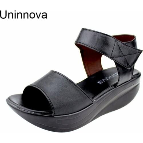 Sandals Genuine Leather Platform Wedge Heels Comfortable Peep Toe Black Extra Large Size 43 for Women Uninnova WSA076