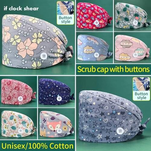 Unisex cotton adjustable scrubs hats Floral print Scrubs cap High Quality beauty salon work hat Tieback Elastic pet grooming cap