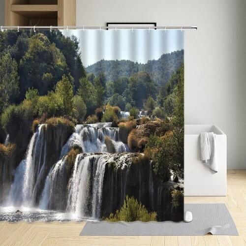 Natural Scenery Waterfall Shower Curtains Green Meadow Spring Landscape Bathroom Decor Waterproof Washable Cloth Bath Screen