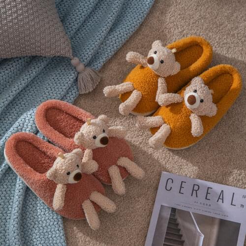 Cute Bear Doll Woman Slippers Ladies In Winter Fluffy Slippers for Indoor Use Non-Slip Warm Cotton HouseholdShoes