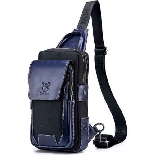 IKE MARTI Mens Genuine Cowhide Leather Casual Fashion Chest Bag Mens Bag Over Shoulder Bag Mens Crossbody Bag