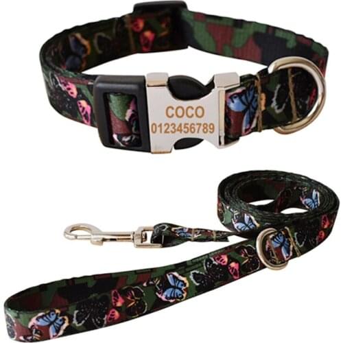 Dark Camouflage Butterfly Printing Webbing Dog Collar Leash Set Personalized Engraved Pet Name Pet Supplies Dog Accessories
