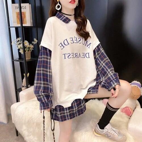 Hoodies Fake Two Piece Plaid Plus Size Chic Daily Outwear Women Korean Style Harajuku Leisure Loose Pullovers