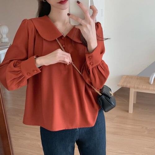 Women Blouse 2021 Long Sleeve Peter Pan Collar Tops School Prepply Style Solid Color Chiffon Shirts Korean Style White Clothes