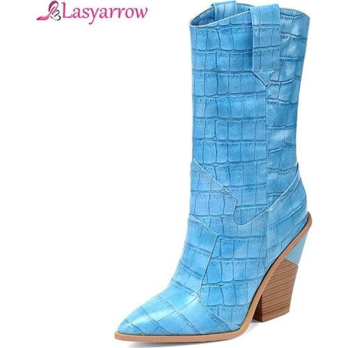 Lasyarrow womens Brand Design Calf Boots Women Shoes Vintage Strange High Heels Boots Slip On Lady Western Boots Woman J1134
