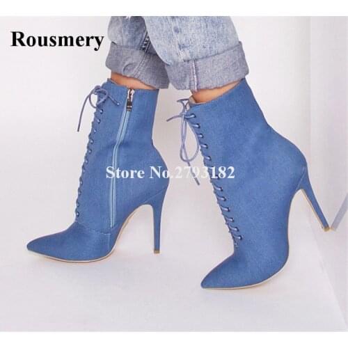 Ladies Sexy Pointed Toe Blue Denim Lace-up Short Boots Super High Heel Jean Ankle Booties Street Fashion Boots