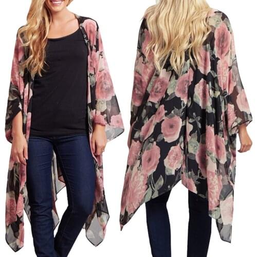 Women Vintage Floral Chiffon ShirtsSun-Protective Small Fresh Simple Long Sunscreen Blouse Loose Shawl Kimono Cardigan Boho Tops