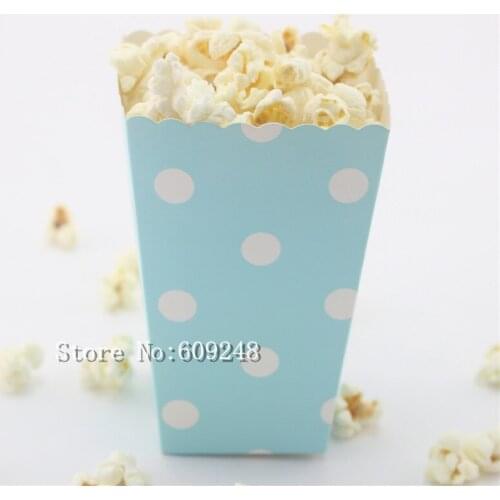 24pcs White Polka Dot Light Blue Paper Popcorn Boxes,Party Favor Boxes,Candy Buffet Snack Treat Cups,Movie Theater Birthday,Kids