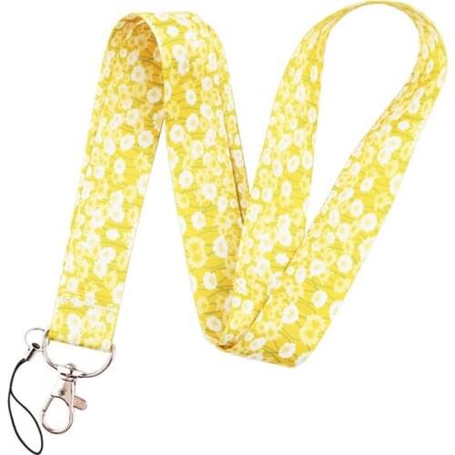 30pcs Light Yellow Daisy Flowers Lanyard Keys Phone Holder Funny Neck Strap With Keyring ID Card DIY webbings ribbons Hang Rope