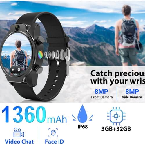 8MP Dual Camera 4G LTE Smart Watch 1.69'' 3GB+32GB 1360mAh Face Unlock GPS WIFI IP68 50m Waterproof call bluetooth smart watch