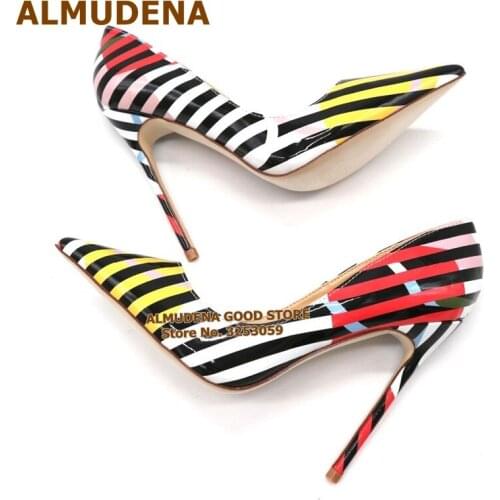 ALMUDENA White/black Zebra Stripe 12cm Heel Pumps Stiletto Heels Pointy Toe Shallow Dress Shoes Colorful Printed Wedding Shoes