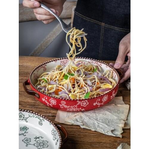 Household INS Binaural Hollow Soup Pizza Bake Pan Microwave Ceramic Comal Creative Cherry Pattern Plate