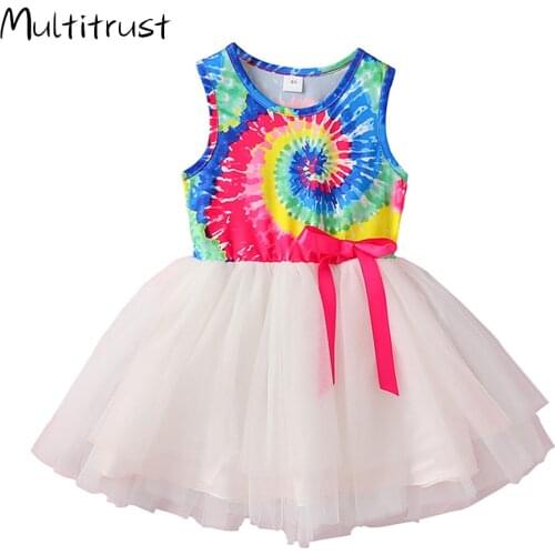 1-7Years Fashion Summer Children Girls Dresses Kids Princess Girls Sleeveless Tie Dye Print Lace Dress Holiday Party Vestidos