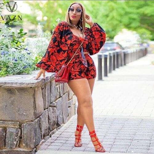 VAZN 2021 INS Early Autumn Chiffon Print Elegant Sexy Young Daily Full Sleeve Top Short Pants Slim Women 2 Piece Set