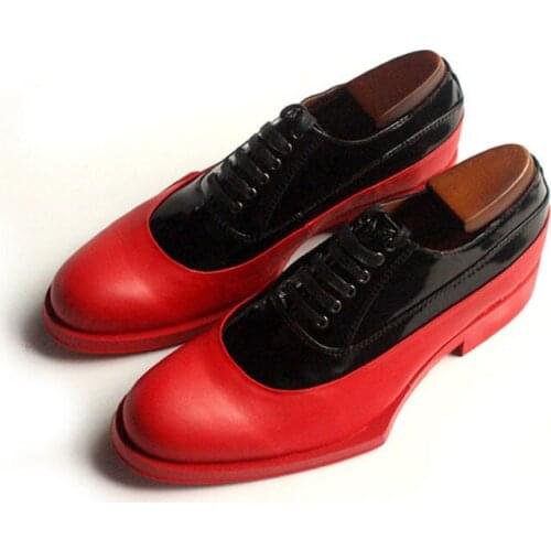 Euro Men Handmade 100% Real Leather Formal Shoes Oxfords Geometric Platform Block Med Heels Mixed Color Male Wedding Dress Shoes