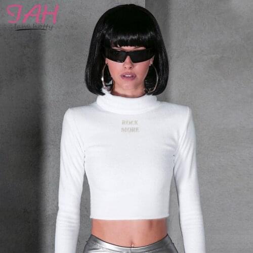 IAMHOTTY Faux Fur Letter Embroidery T-Shirt Femme Fashion Elegant Fake Fleece Women T Shirt Tops Turtleneck Long Sleeve Crop Top