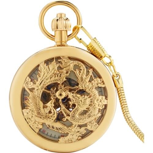 Royal Golden Automatic Mechanical Pocket Watch Men Chic Hollow Dragon Phoenix Design Classic Numerals Dial Pendant Womens Gift