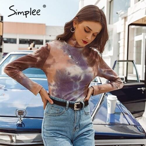 Simplee Short soft printing winter shirt High street style fit rhigh collar shirt women Skinny pullover tie-dyed contrast tops