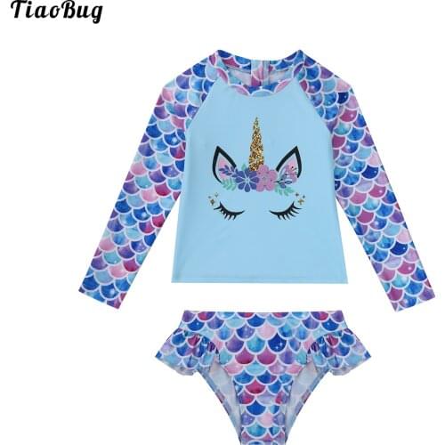 TiaoBug Summer 2Pcs Kid Girls Fish Scales Print Swimming Suit Round Neck Long Sleeves Cartoon Print Tops And Briefs Set Swimwear