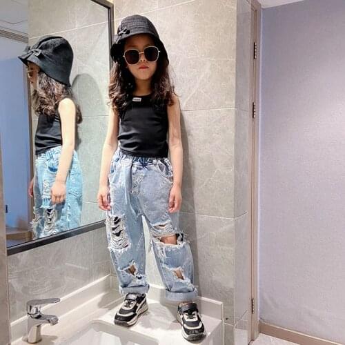 2021 spring and autumn models,big girls Japanese and Korean version of fashion hole letter printing jeans foreign trade childr