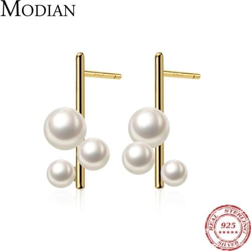 Modian Classic 925 Sterling Silver Temperament Ear Pin for Women Fashion Elegant Pearl Geometric Stud Earring Fine Jewelry