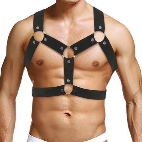 Mens Elastic Shoulder Chest Muscle Harness Belt with Metal O-rings Male Sexy Bondage Tank Fancy Club Cage Costume Strap Crop Top
