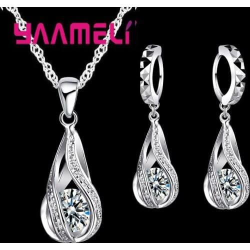 Hot Water Drop CZ 925 Sterling Silver Jewelry Set For Women Pendant Necklace Hoop Earrings Wedding Party Ceremoey Anel