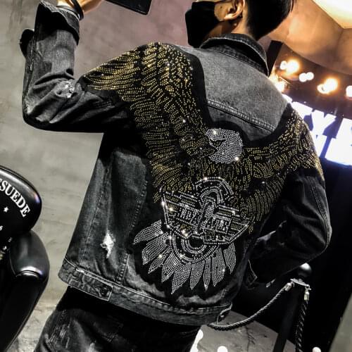 YASUGUOJI New 2019 Punk Style Fashion Eagle Embroidered Patch Jean Jacket Men Denim Jackets Streetwear Slim Black Jacket Men