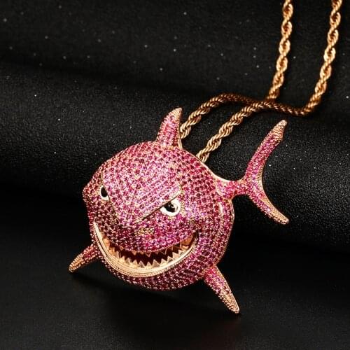 New Pink CZ Stone Iced Out Bling Full Cubic Zircon Shark Pendant Necklace Men Hip Hop Jewelry Pendant Personality Name Engraved