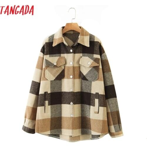 Tangada 2020 Autumn Winter Women Brown plaid Long Coat Jacket Pocket Casual Warm Overcoat Fashion Outwear Tops QW12