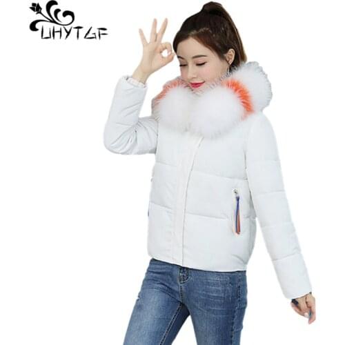UHYTGF Down Jacket Women Parkas Large Fur Collar Hooded Cotton Coat winter Clothes Woman Jacket Short Tops Mujer Chaqueta 943