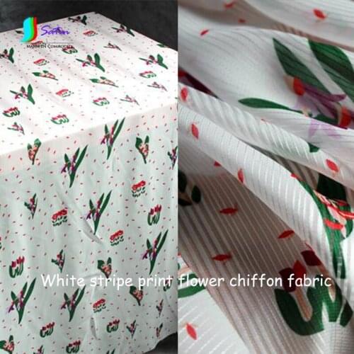 White Stripe Print Flower Leaf Pattern Chiffon Fabric Perspective Beach Style Designer Clothes Skirt Shirt Fabrics A0490F