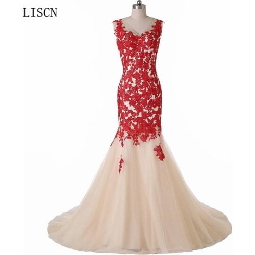 Mermaid Evening Dresses V Neck Red and Champagne Backless Real Pictures 3D Lace Backless Formal Party Gowns Appliques Vestido
