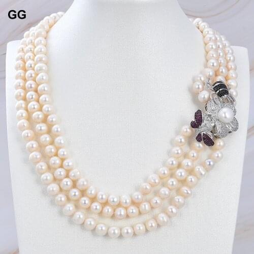 GuaiGuai Jewelry Natural Pearl 3Strands Classic 8-9MM White Pearl CZ Flower Bee Connector Necklace